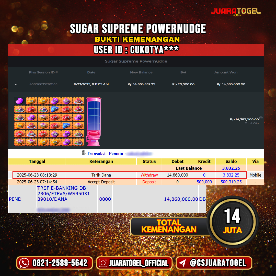 JUARATOGEL JACKPOT SLOT SUGAR SUPREME POWERNUDGE Rp 14.000.000,- LUNAS USER ID: CUKOTYA***