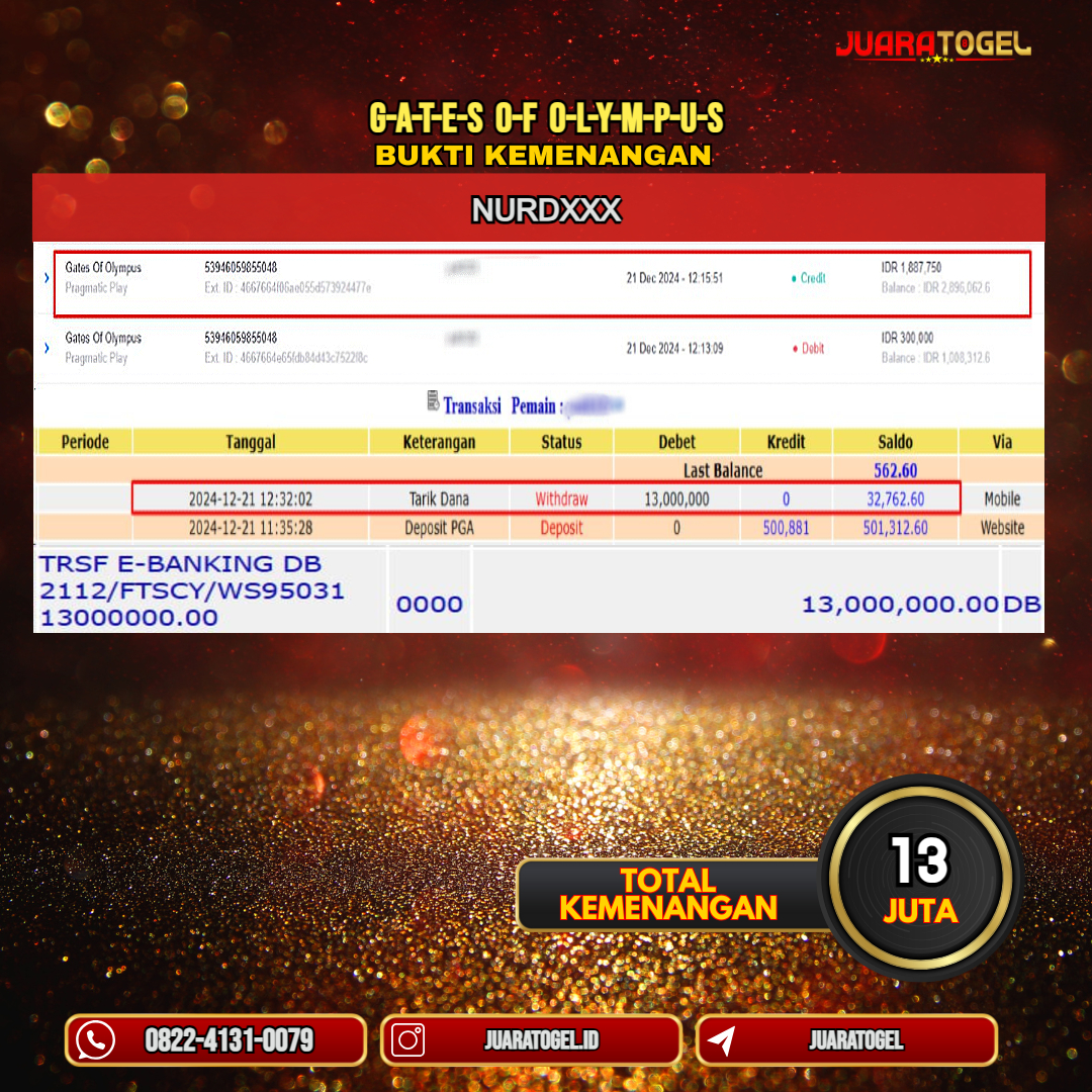 JUARATOGEL JACKPOT SLOT GATES OF OLYMPUS Rp.13.000.000,- LUNAS USER ID: NURD***