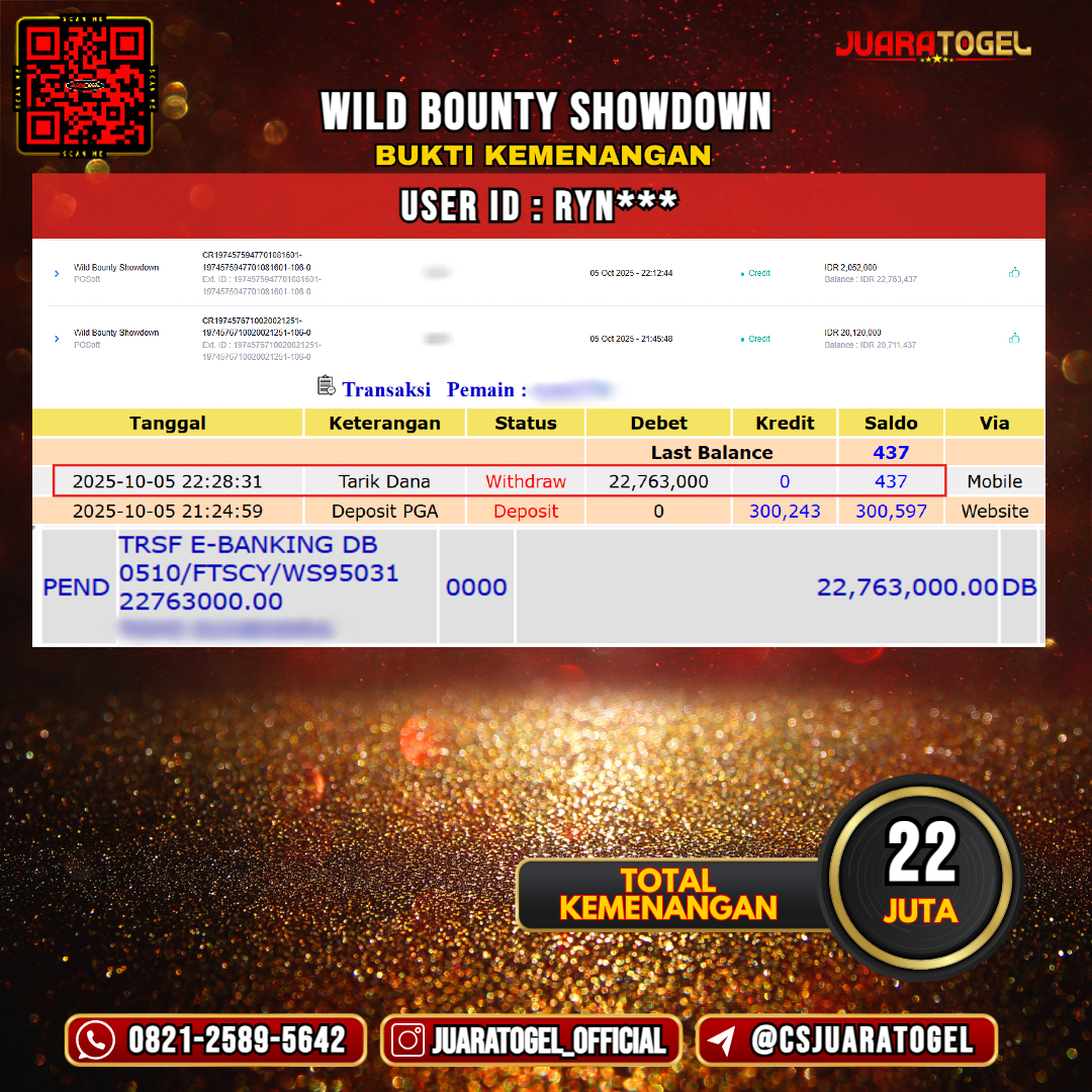 JUARATOGEL JACKPOT SLOT WILD BOUNTY SHOWDOWN Rp 22.000.000,- LUNAS USER ID: RYN***