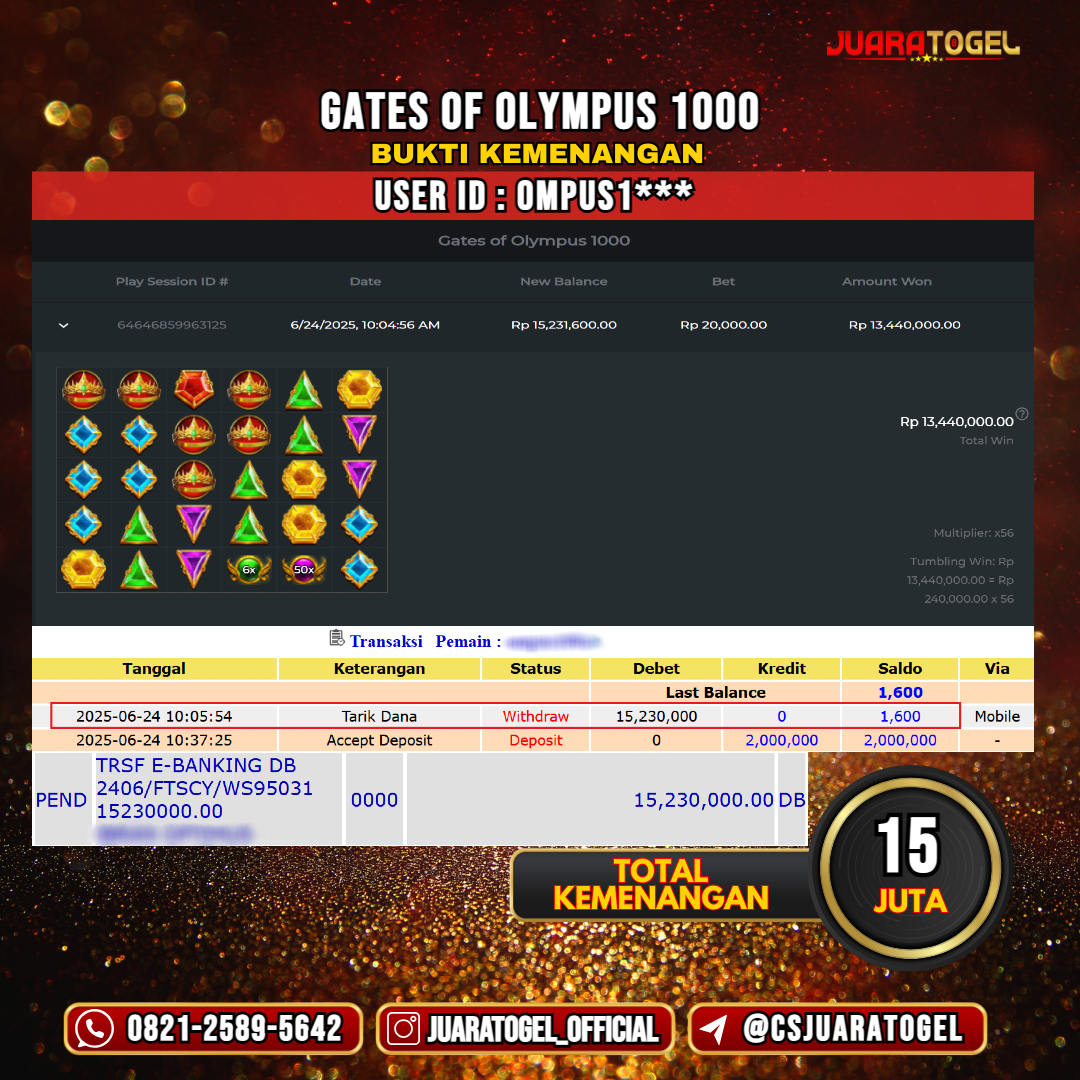 JUARATOGEL JACKPOT SLOT GATES OF OLYMPUS 1000 Rp 15.000.000,- LUNAS USER ID: OMPUS1***