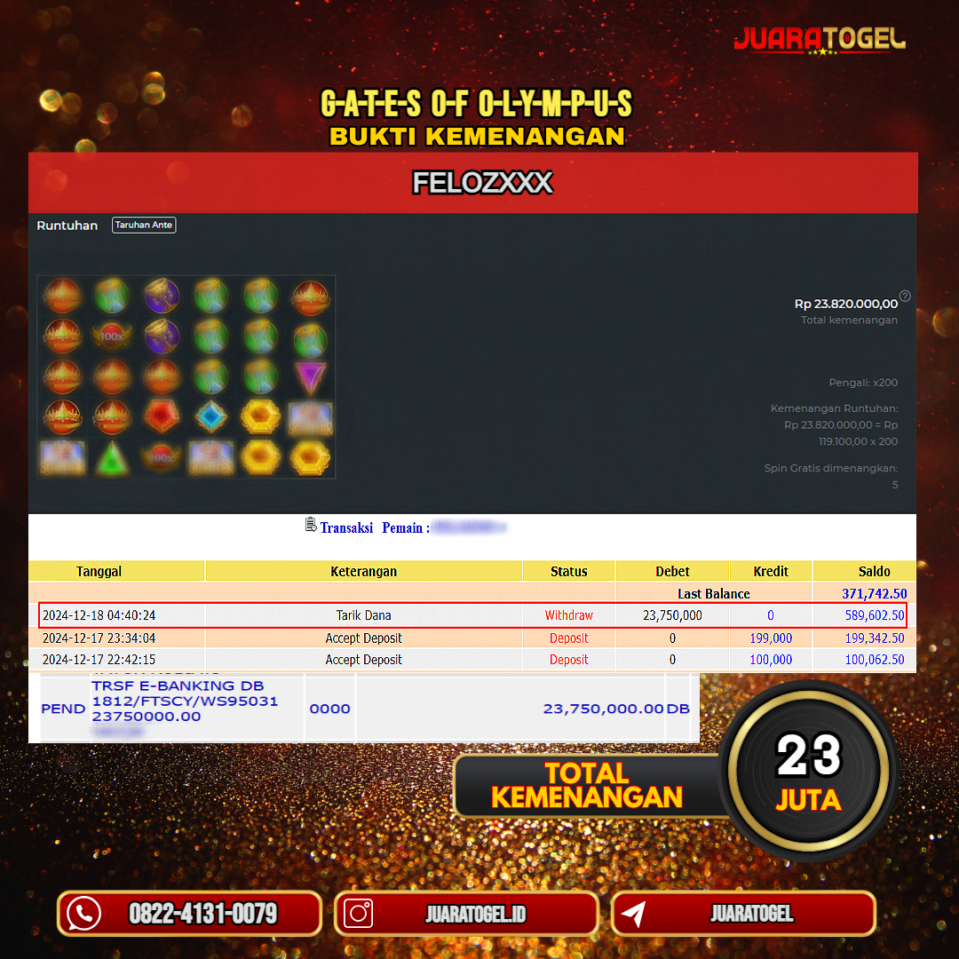 JUARATOGEL JACKPOT SLOT GATES OF OLYMPUS Rp.23.820.000,- LUNAS USER ID: FELOZ***