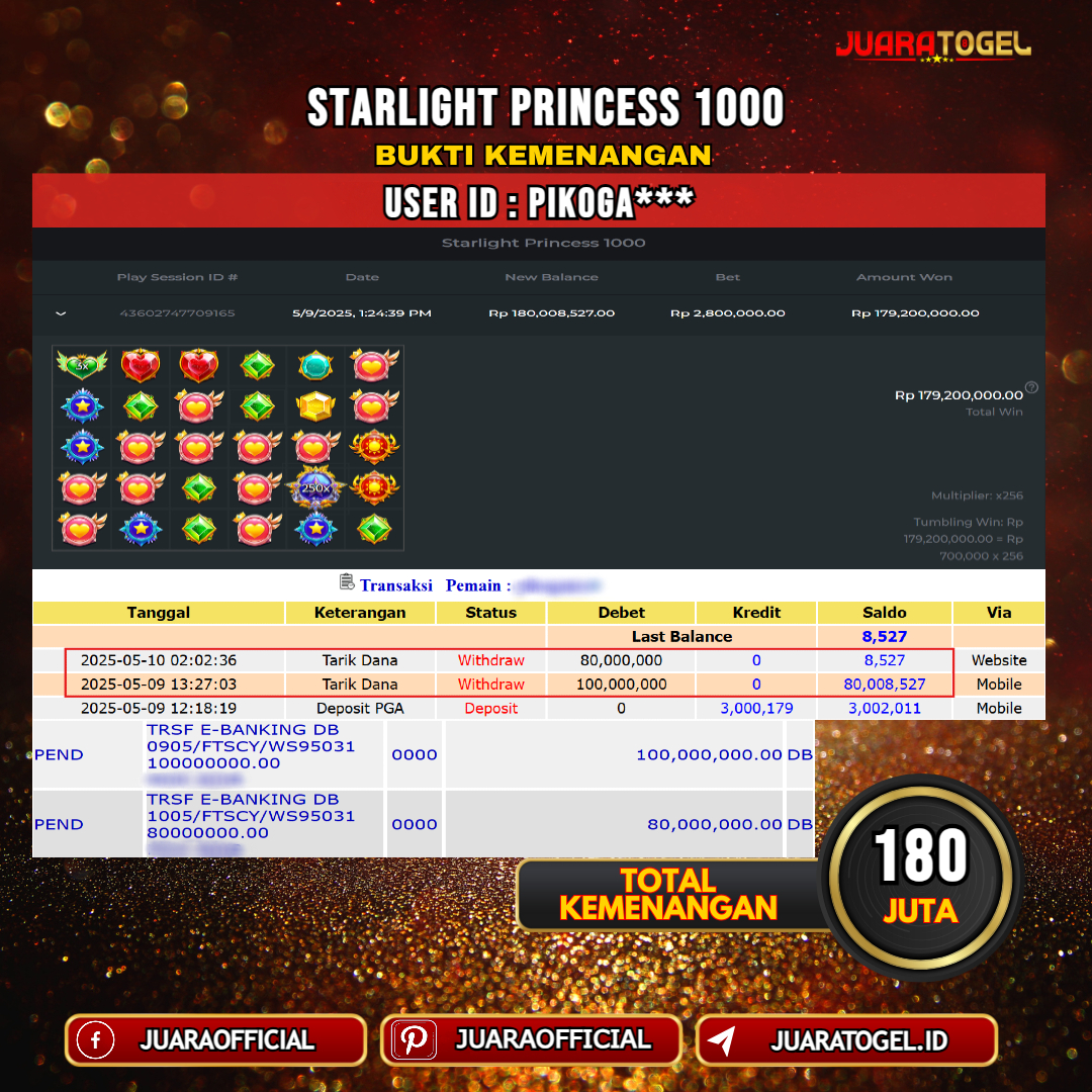 JUARATOGEL JACKPOT SLOT GATES STARLIGHT PRINCESS 1000 Rp. 180.000.000,- LUNAS USER ID: PIKOGA***