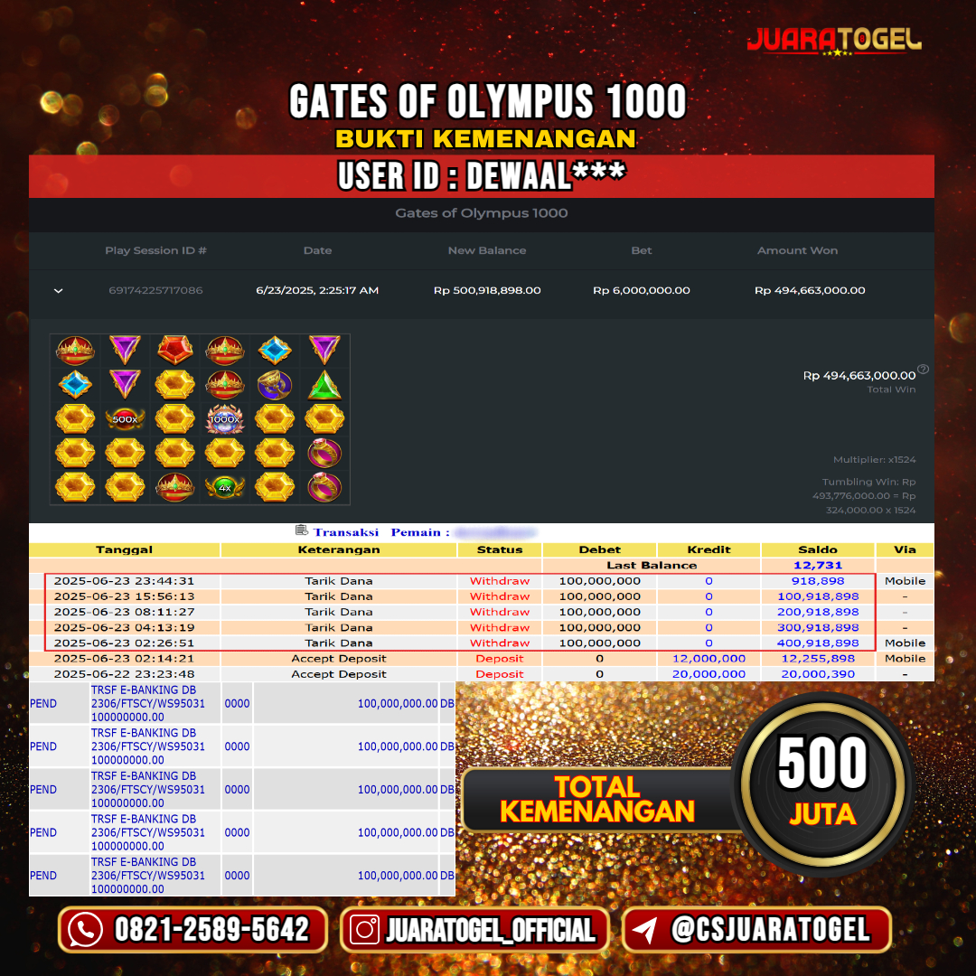JUARATOGEL JACKPOT SLOT GATES OF OLYMPUS 1000 Rp 500.000.000,- LUNAS USER ID: DEWAAL***