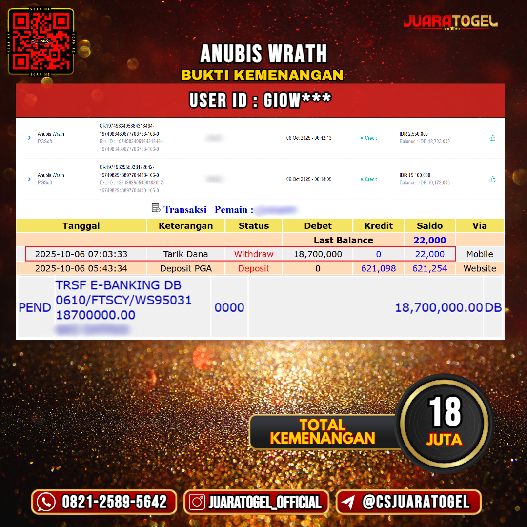 JUARATOGEL JACKPOT SLOT ANUBIS WRATH Rp 18.000.000,- LUNAS USER ID: GIOW***