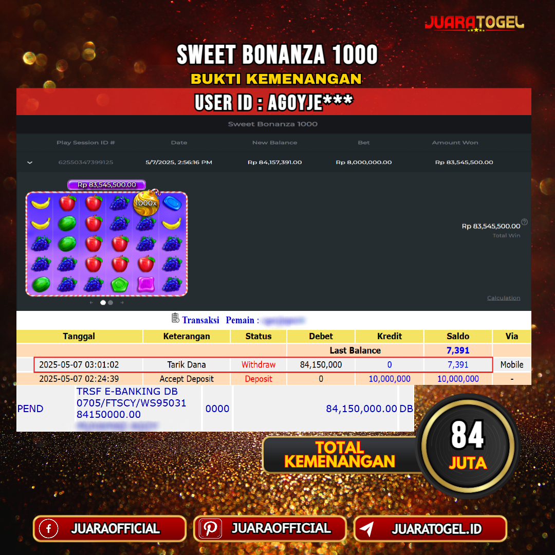 JUARATOGEL JACKPOT SLOT SWEET BONANZA 1000 Rp. 84.000.000,- LUNAS USER ID: AGOYJE***