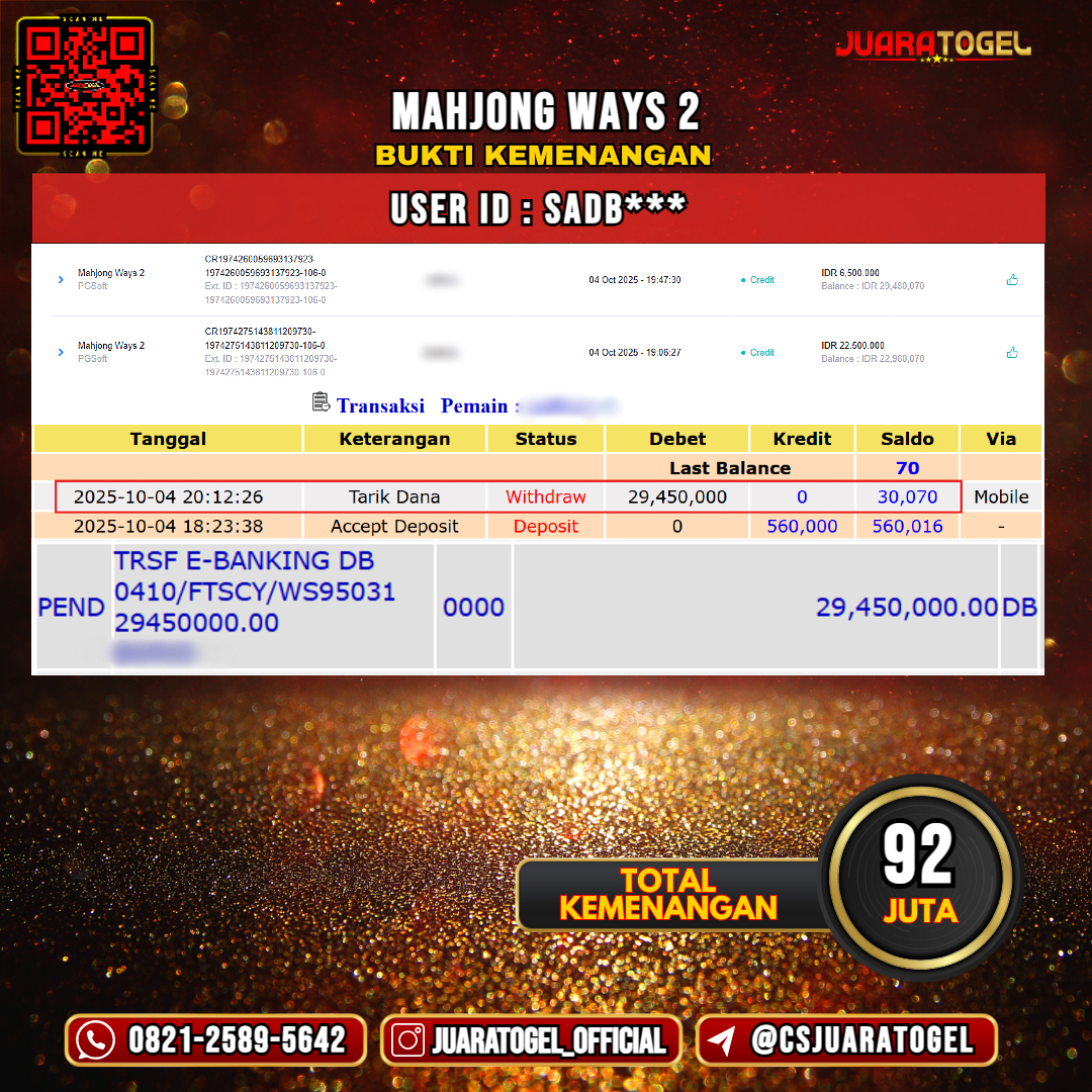 JUARATOGEL JACKPOT SLOT MAHJONG WAYS 2 Rp 29.000.000,- LUNAS USER ID: SADB***
