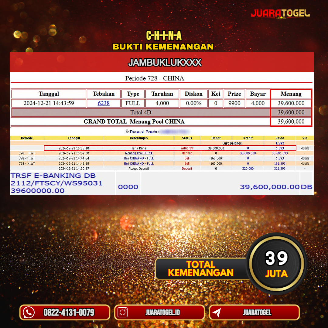   JUARATOGEL JACKPOT TOGEL PASARAN CHINA Rp. 39.600.000.- LUNAS USER ID: JAMBUKLUK***