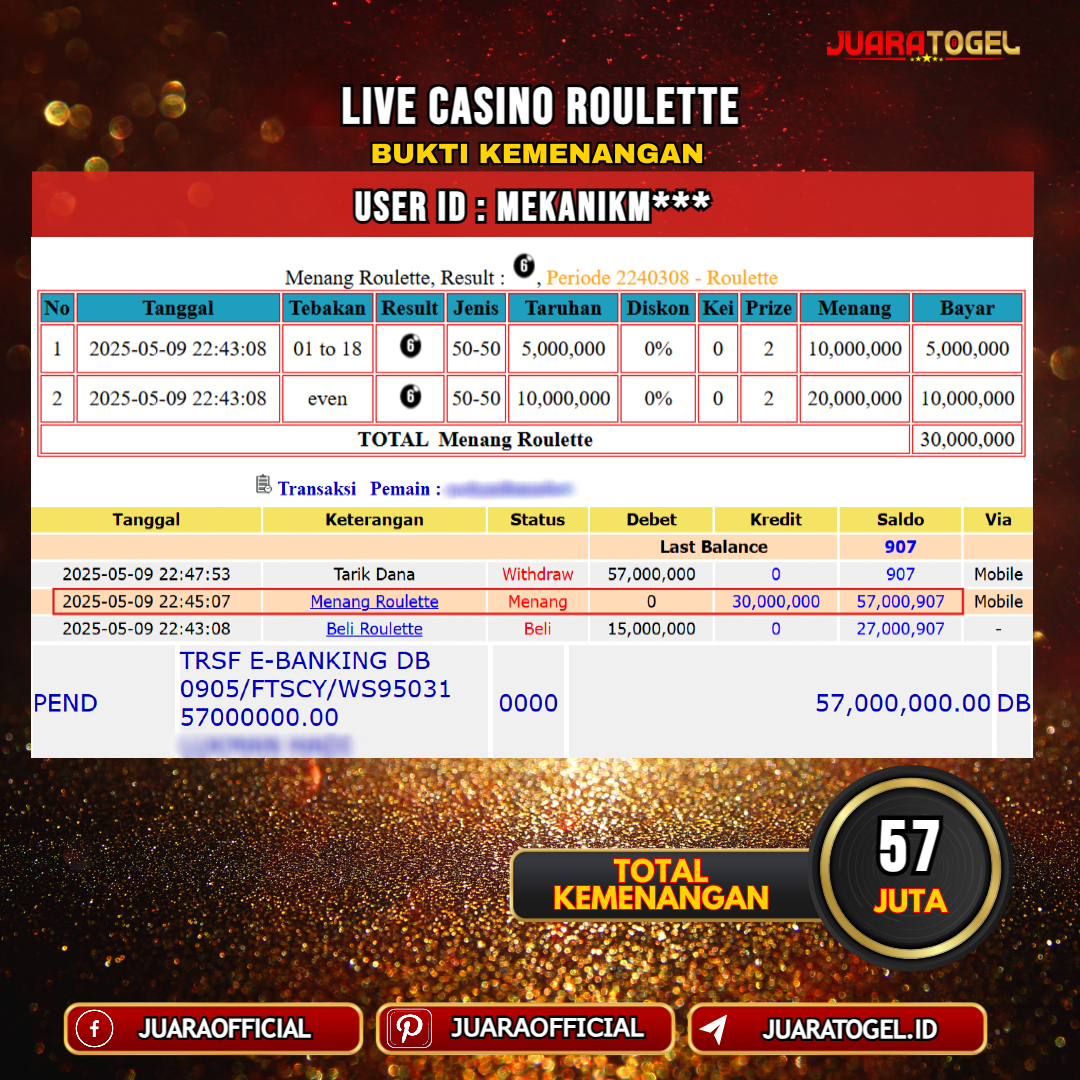 JUARATOGEL JACKPOT LIVE CASINO ROULETTE Rp. 57.000.000,- LUNAS USER ID: MEKANIKM***