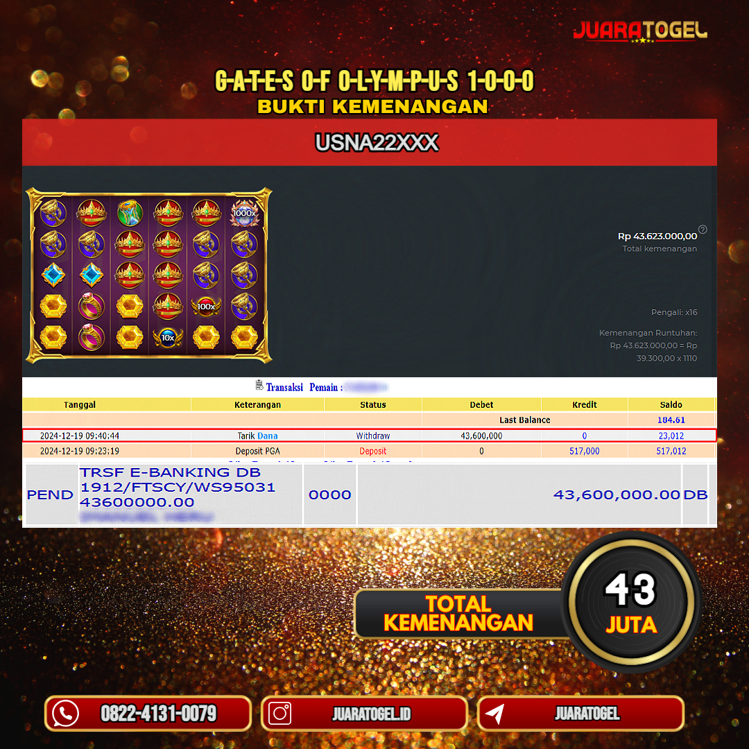 JUARATOGEL JACKPOT SLOT GATES OF OLYMPUS 1000 Rp.43.623.000,- LUNAS USER ID: USNA22***