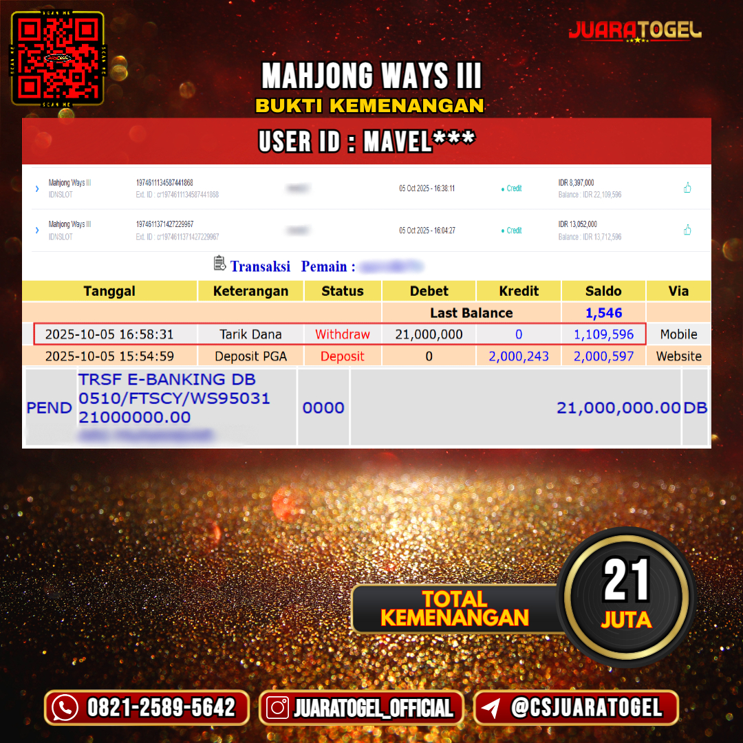 JUARATOGEL JACKPOT SLOT MAHJONG WAYS III Rp 21.000.000,- LUNAS USER ID: MAVEL***