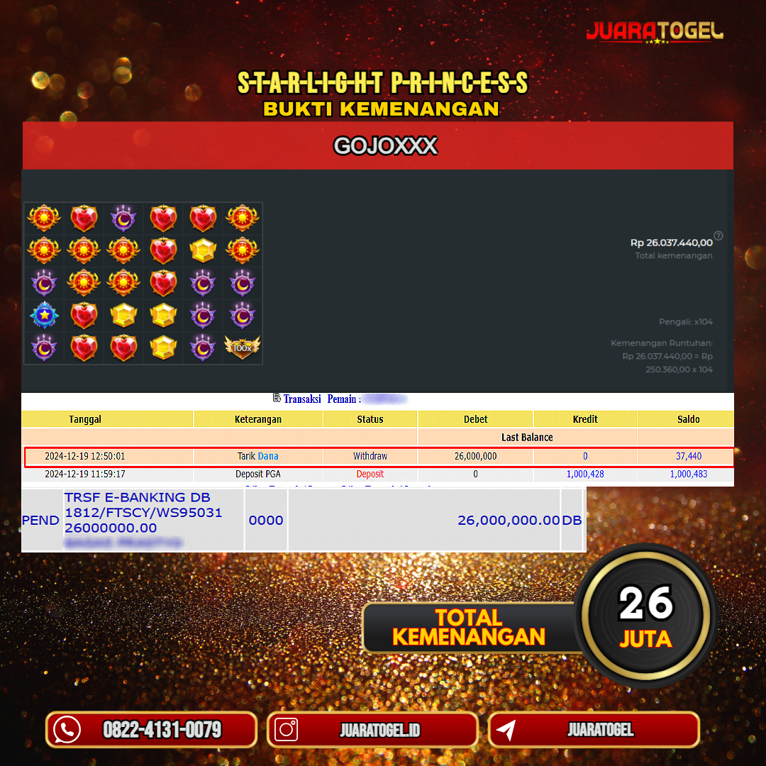 JUARATOGEL JACKPOT SLOT STARLIGHT PRINCESS Rp.26.037.440,- LUNAS USER ID: GOJO***