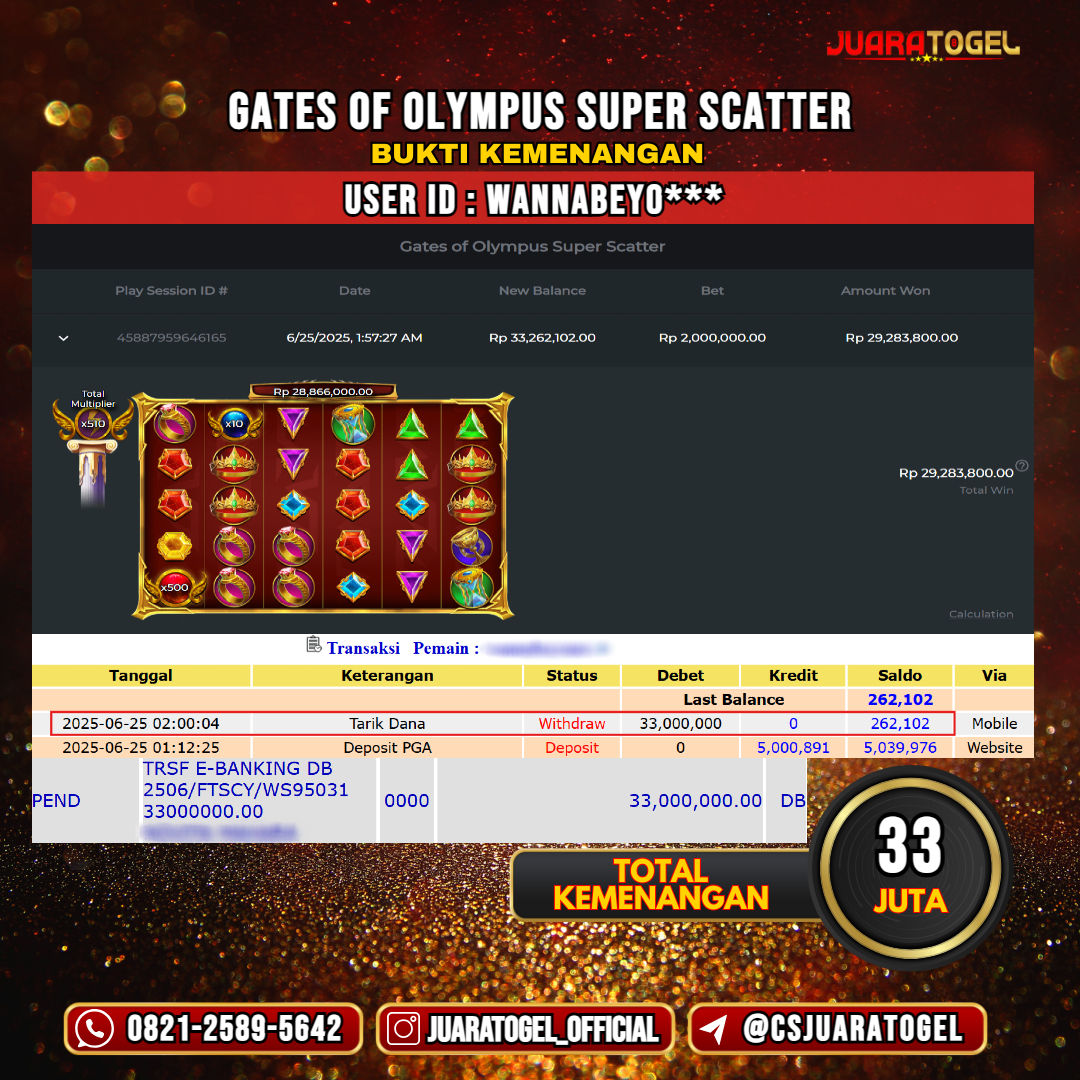 JUARATOGEL JACKPOT SLOT GATES OF OLYMPUS SUPER SCATTER Rp 33.000.000,- LUNAS USER ID: IKANMO***