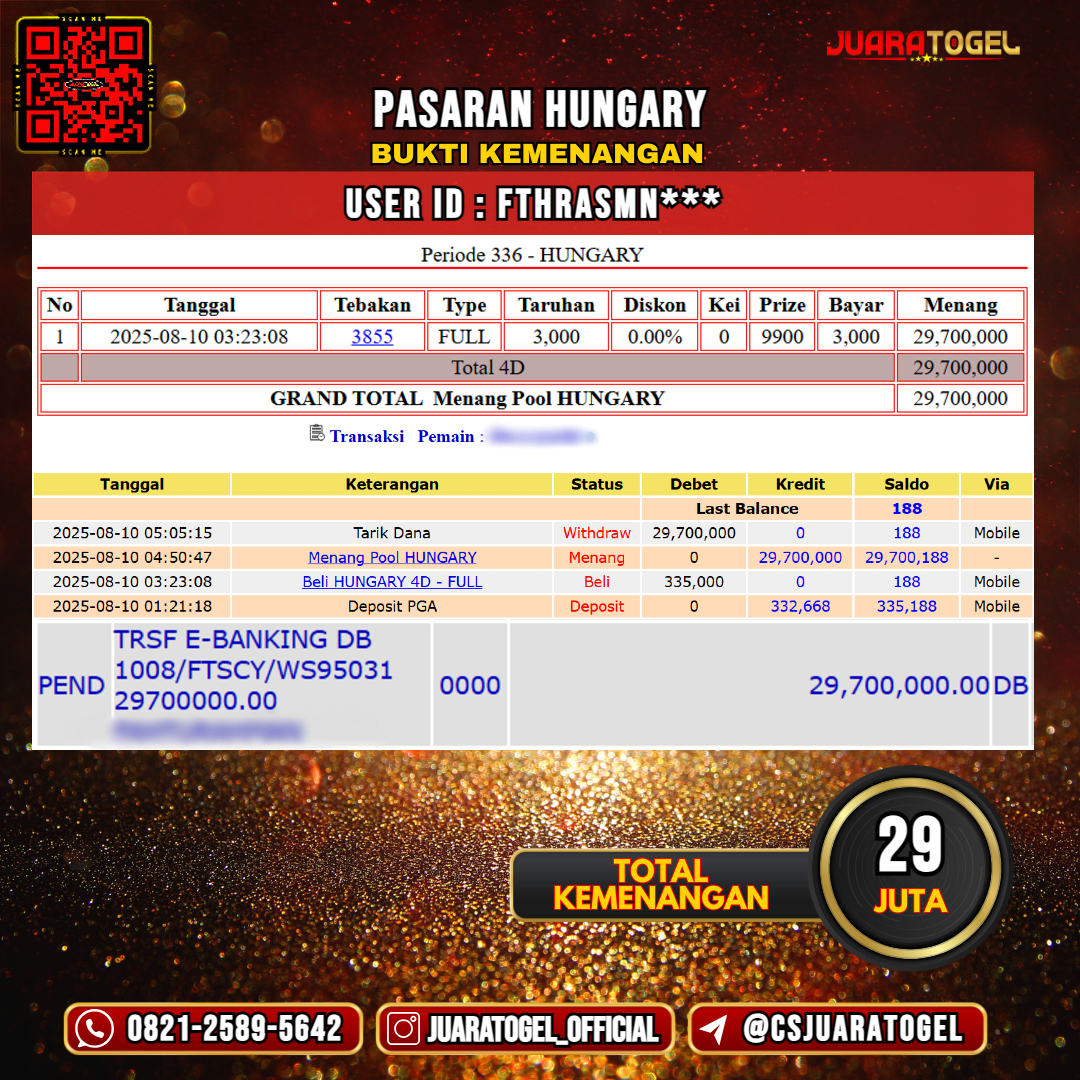JUARATOGEL JACKPOT TOGEL PASARAN HUNGARY Rp 29.000.000,- LUNAS USER ID : FTHRASMN***