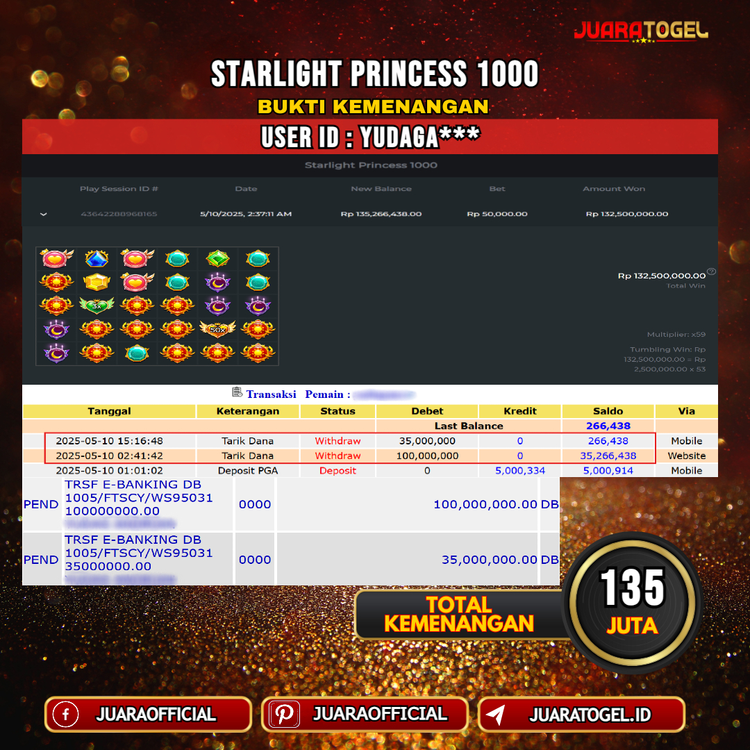 JUARATOGEL JACKPOT SLOT STARLIGHT PRINCESS 1000 Rp. 135.000.000,- LUNAS USER ID: YUDAGA***