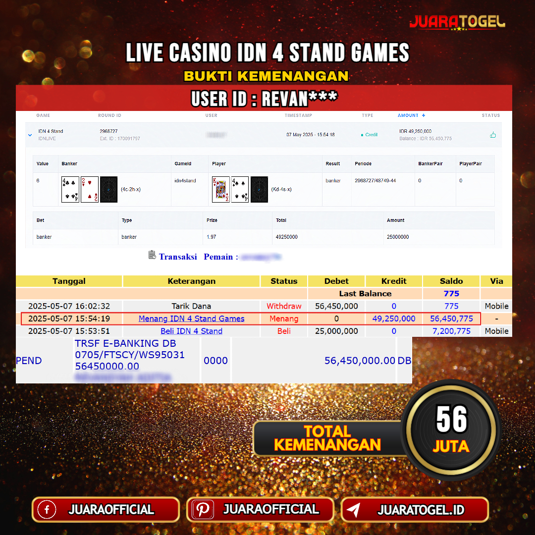 JUARATOGEL JACKPOT LIVE CASINO IDN 4 STAND GAMES Rp. 56.000.000,- LUNAS USER ID: REVAN***