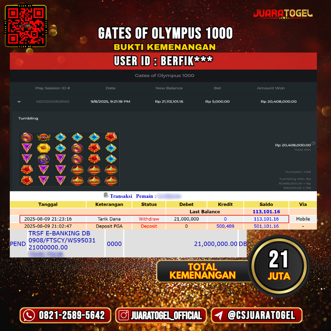 JUARATOGEL JACKPOT SLOT GATES OF OLYMPUS 1000 Rp 21.000.000,- LUNAS USER ID: BERFIK***