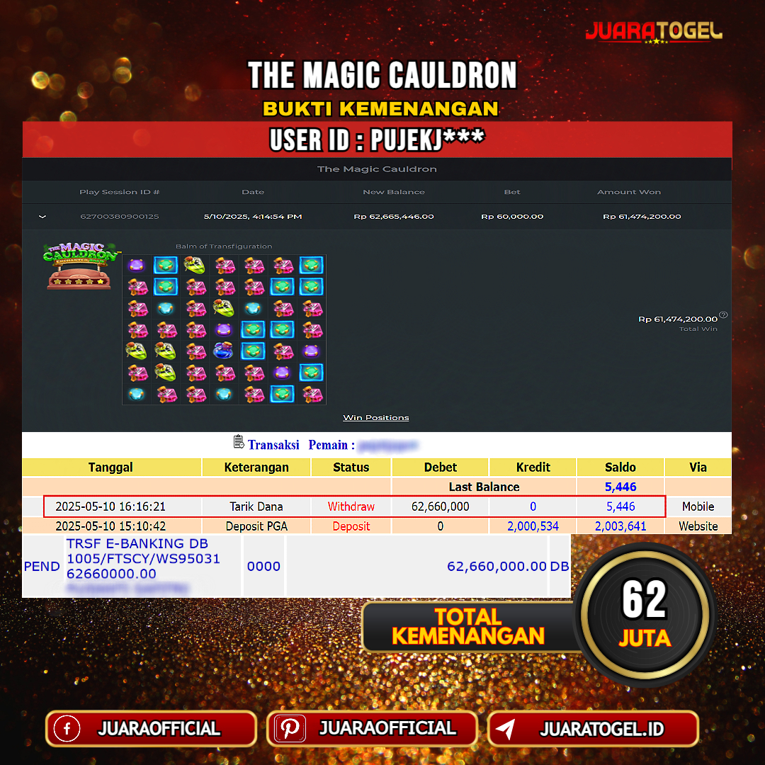JUARATOGEL JACKPOT SLOT THE MAGIC CAULDRON Rp. 62.000.000,- LUNAS USER ID: PUJEKJ***