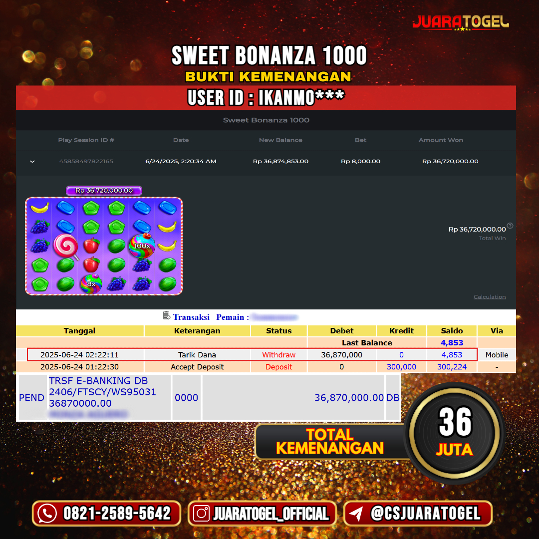 JUARATOGEL JACKPOT SLOT SWEET BONANZA 1000 Rp 36.000.000,- LUNAS USER ID: IKANMO***