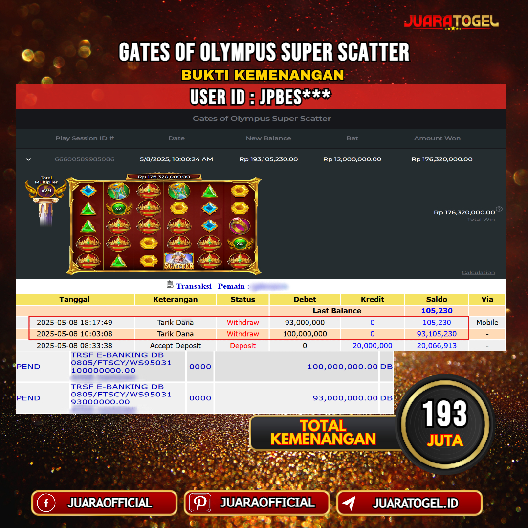 JUARATOGEL JACKPOT SLOT GATES OF OLYMPUS SUPER SCATTER Rp. 193.000.000,- LUNAS USER ID: JPBES***