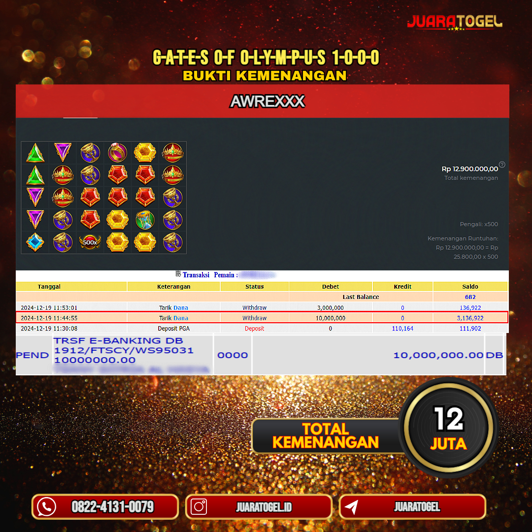 JUARATOGEL JACKPOT SLOT GATES OF OLYMPUS 1000 Rp.12.900.000,- LUNAS USER ID: AWRE***