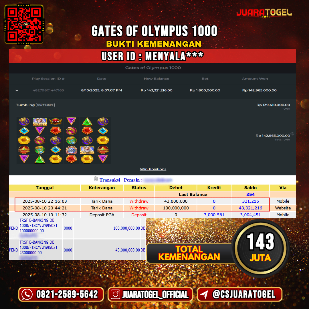 JUARATOGEL JACKPOT SLOT GATES OF OLYMPUS 1000 Rp 143.000.000,- LUNAS USER ID: MENYALA***