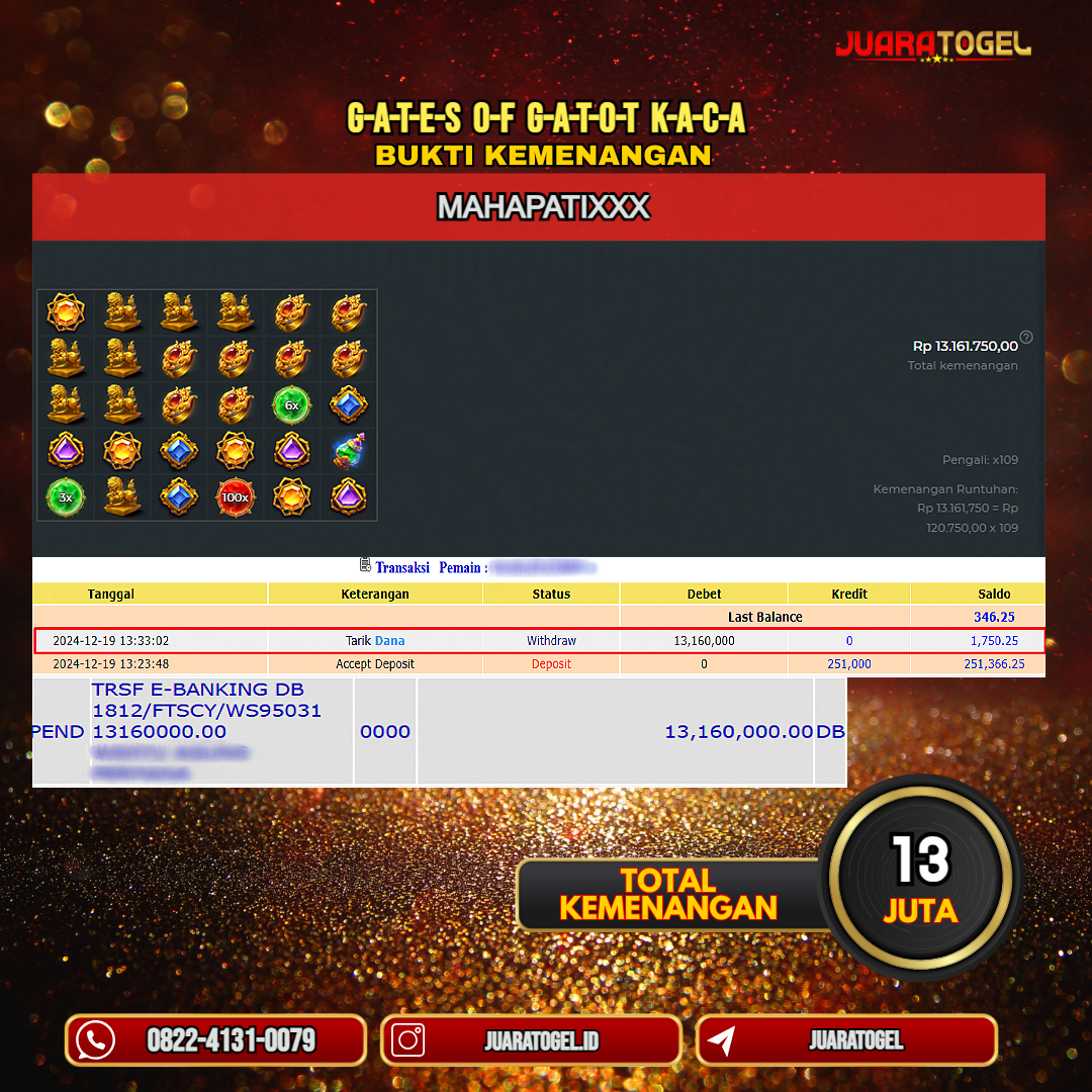 JUARATOGEL JACKPOT SLOT GATES OF GATOT KACA Rp.13.131.750,- LUNAS USER ID: MAHAPATI***