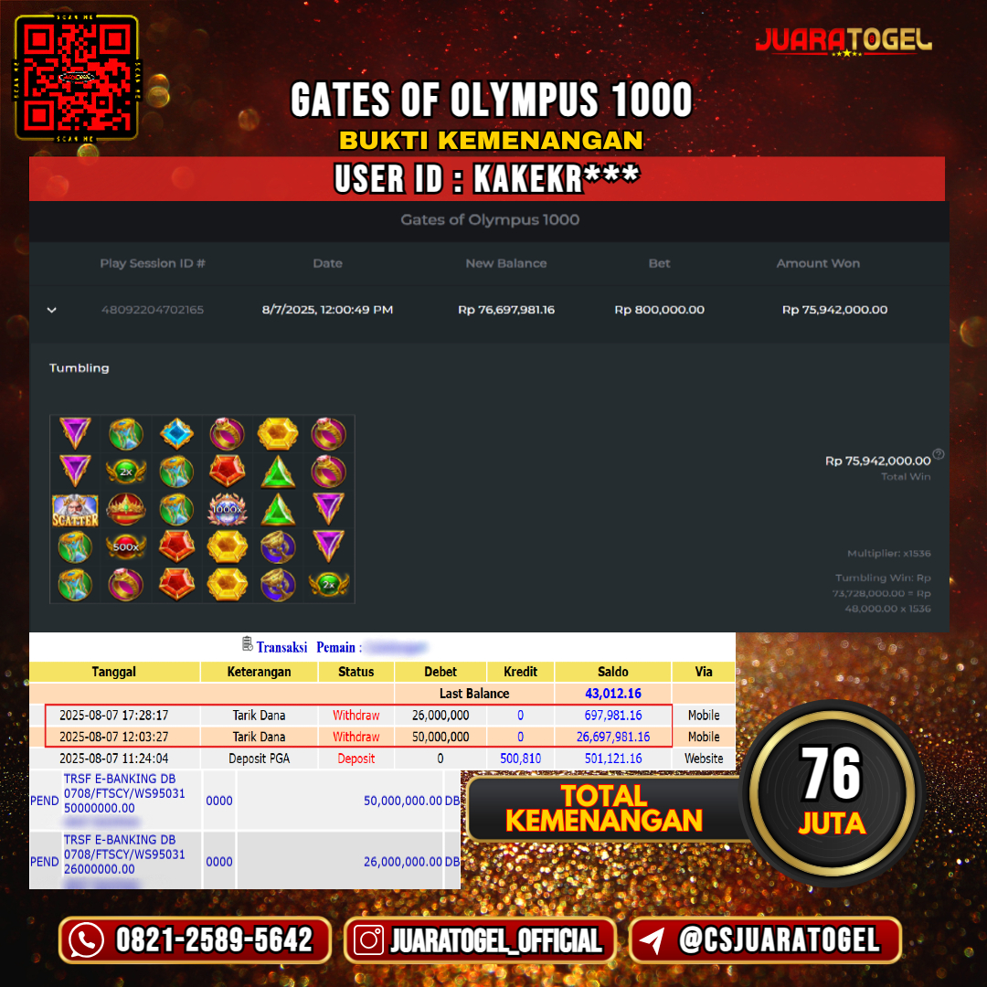 JUARATOGEL JACKPOT SLOT GATES OF OLYMPUS 1000 Rp 76.000.000,- LUNAS USER ID: KAKEKR***
