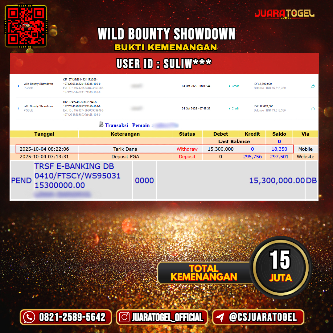 JUARATOGEL JACKPOT SLOT WILD BOUNTY SHOWDOWN Rp 15.000.000,- LUNAS USER ID: SULIW***