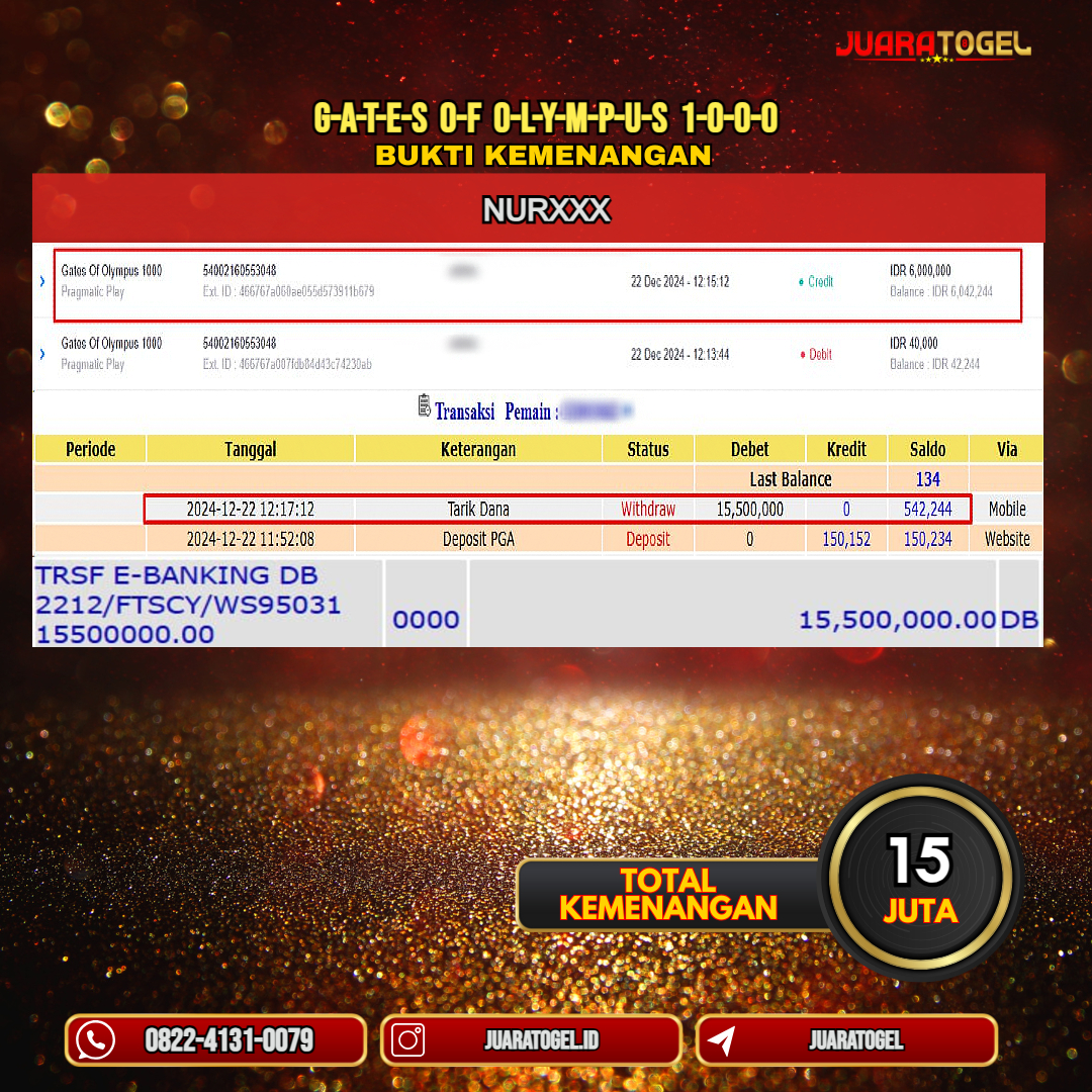 JUARATOGEL JACKPOT SLOT GATES OF OLYMPUS 1000 Rp.15.500.000,- LUNAS USER ID: NUR***