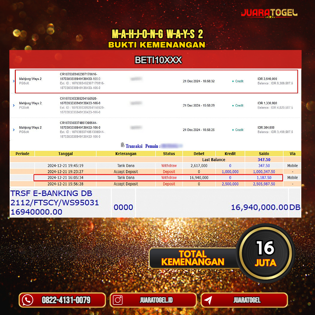 JUARATOGEL JACKPOT SLOT MAHJONG WAYS 2 Rp.16.940.000,- LUNAS USER ID: BETI10***