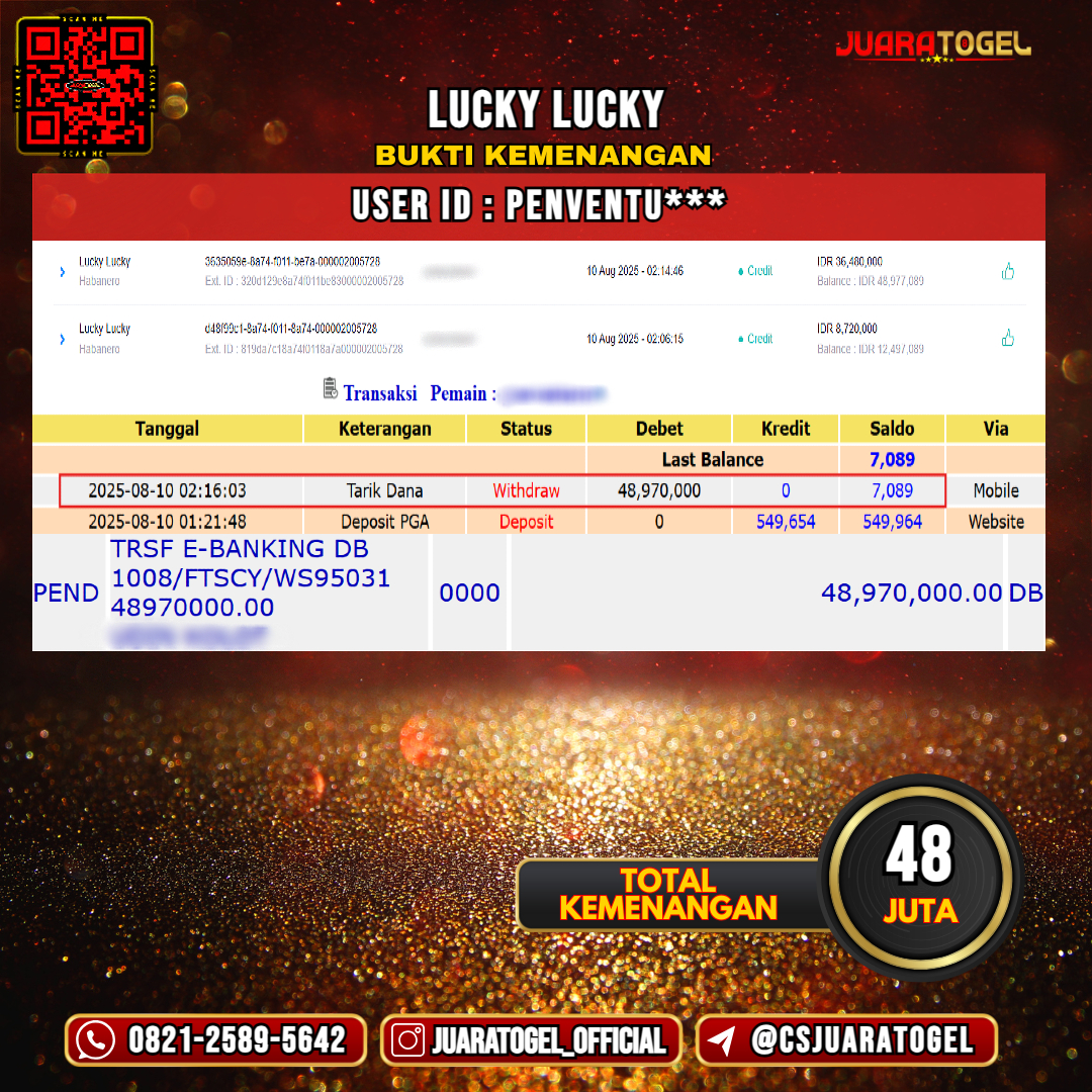 JUARATOGEL JACKPOT SLOT LUCKY LUCKY Rp 48.000.000,- LUNAS USER ID: PENVENTU***