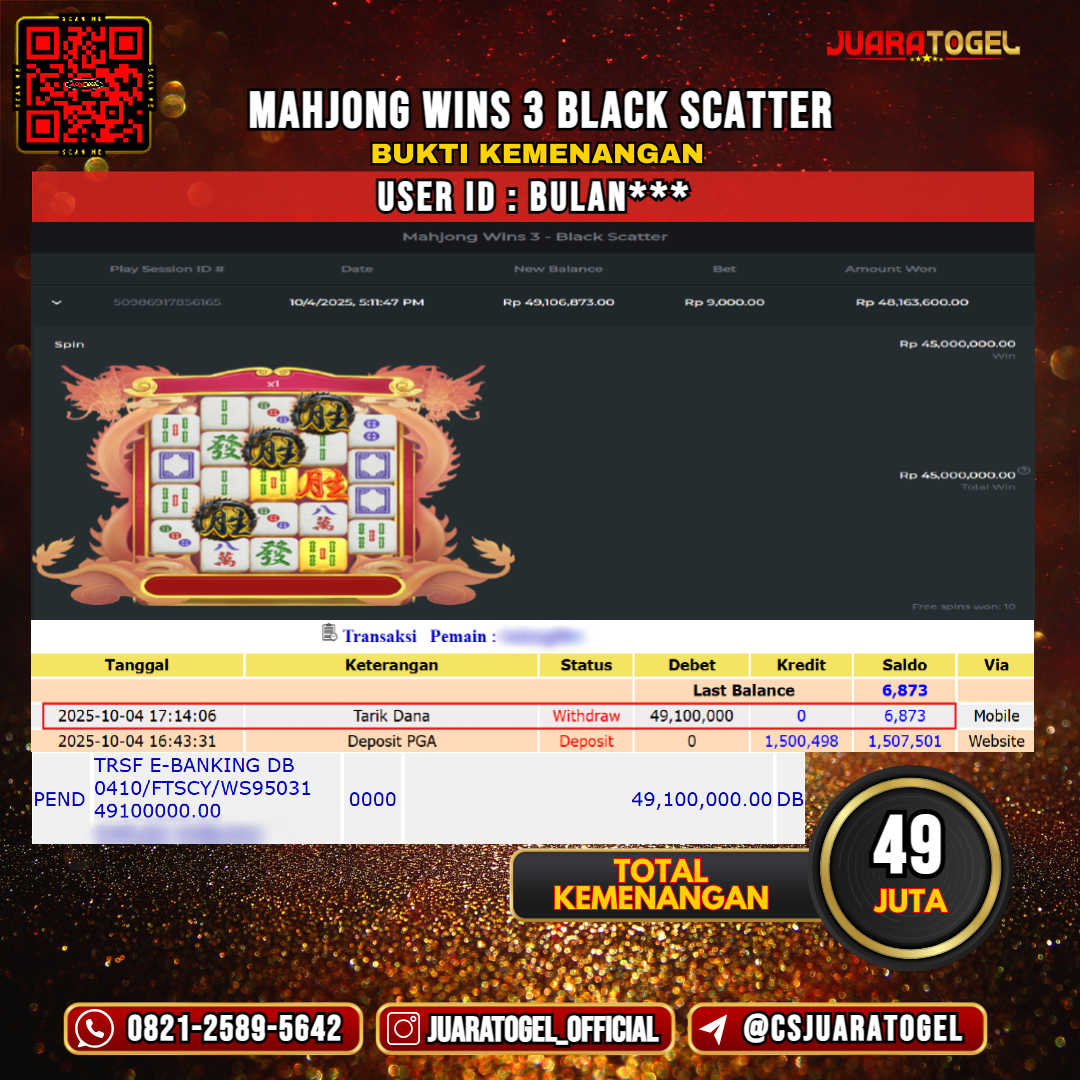 JUARATOGEL JACKPOT SLOT MAHJONG WINS 3 BLACK SCATTER Rp 49.000.000,- LUNAS USER ID: BULAN***