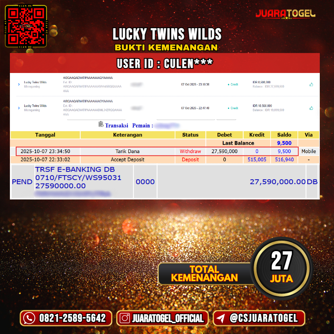 JUARATOGEL JACKPOT SLOT LUCKY TWINS WILDS Rp 27.000.000,- LUNAS USER ID: CULEN***