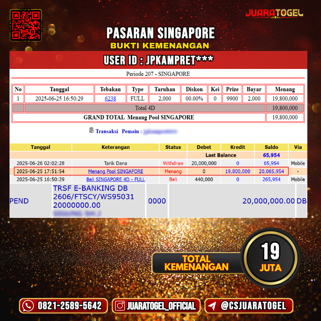 JUARATOGEL JACKPOT TOGEL PASARAN SINGAPORE Rp 19.000.000,- LUNAS USER ID : JPKAMPRET***