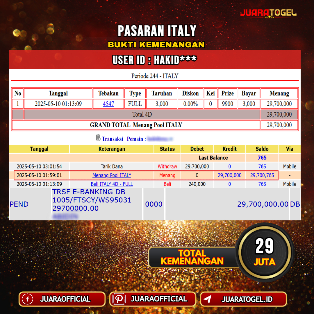 JUARATOGEL JACKPOT TOGEL PASARAN ITALY Rp. 29.000.000,- LUNAS USER ID: HAKID***