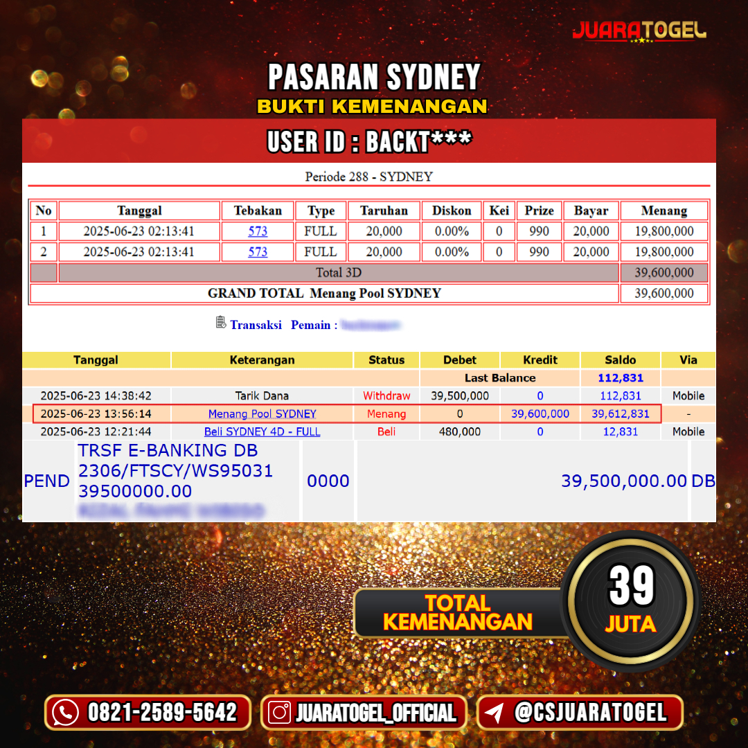 JUARATOGEL JACKPOT TOGEL PASARAN SYDNEY Rp 39.000.000,- LUNAS USER ID : BACKT***