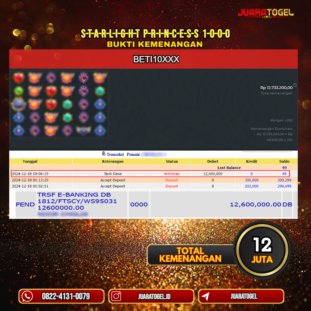 JUARATOGEL JACKPOT SLOT STARLIGHT PRINCESS 1000 Rp.12.733.200,- LUNAS USER ID: BETI10***