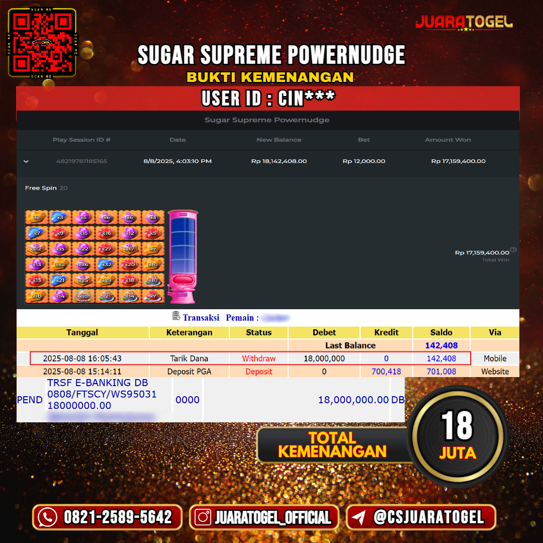 JUARATOGEL JACKPOT SLOT SUGAR SUPREME POWERNUDGE Rp 18.000.000,- LUNAS USER ID: CIN***