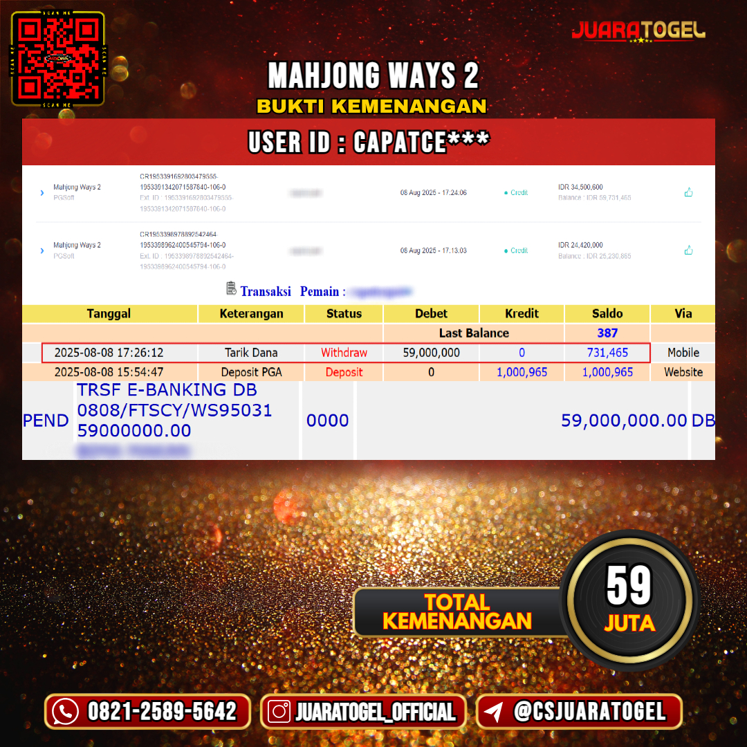 JUARATOGEL JACKPOT SLOT MAHJONG WAYS 2 Rp 59.000.000,- LUNAS USER ID: CAPATCE***