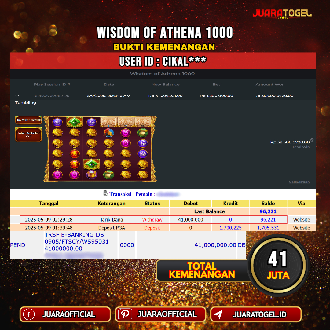 JUARATOGEL JACKPOT SLOT WISDOM OF ATHENA 1000 Rp. 41.000.000,- LUNAS USER ID: CIKAL***