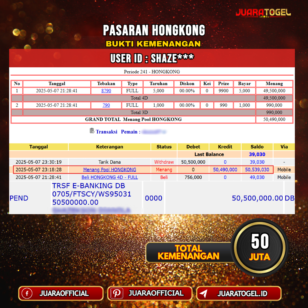 JUARATOGEL JACKPOT TOGEL PASARAN HONGKONG Rp. 50.000.000,- LUNAS USER ID: SHAZE***